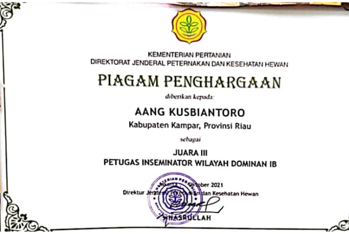 Kampar Raih Penghargaan Juara 3, Petugas Inseminator Wilayah Dominan IB Tingkat Nasional