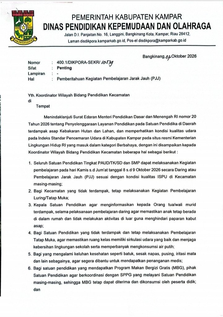 Disdikpora Kampar Terapkan Pembelajaran Jarak Jauh Akibat Kabut Asap, Program MBG Tetap Berjalan