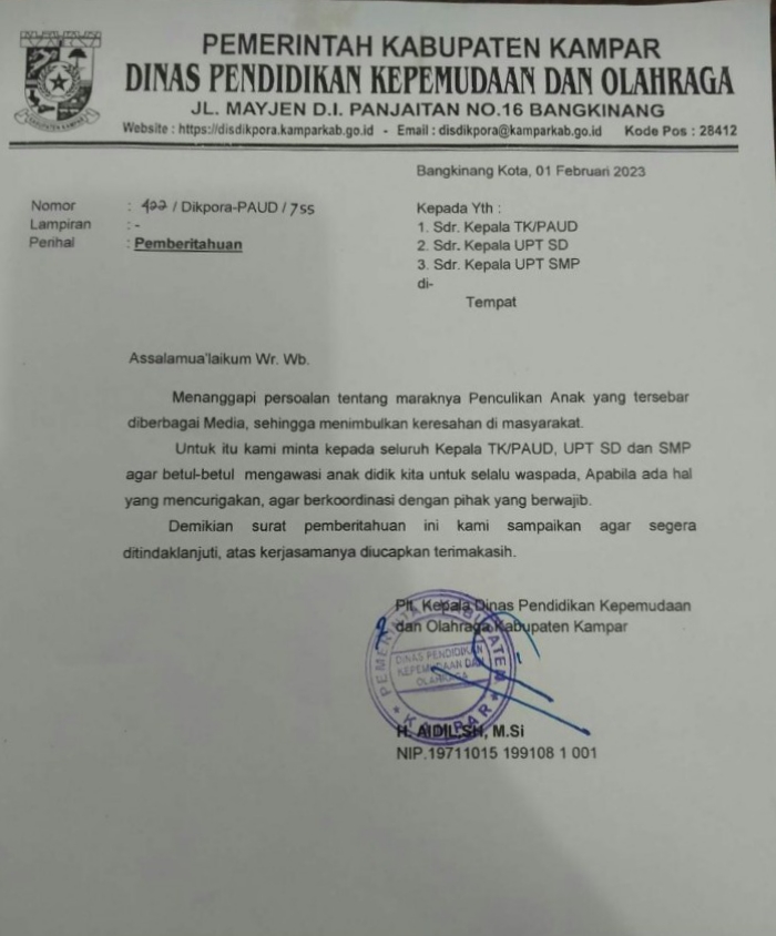 Maraknya Isu Penculikan Anak, Disdikpora Keluarkan Surat Imbauan