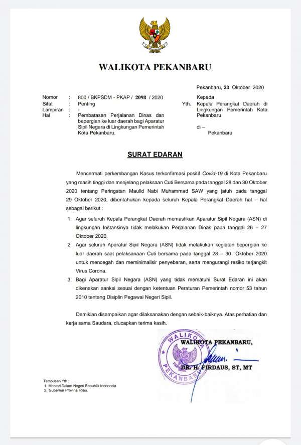 Walikota Pekanbaru Ingatkan ASN Tak Keluar Kota Saat Cuti Bersama