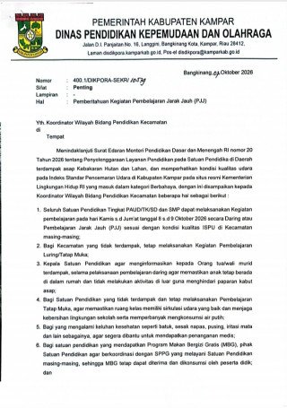 Disdikpora Kampar Terapkan Pembelajaran Jarak Jauh Akibat Kabut Asap, Program MBG Tetap Berjalan