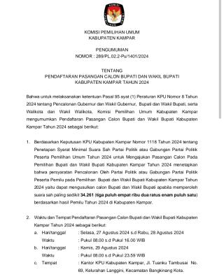 Berikut Pengumuman Dari KPU Kampar Tentang Pendaftaran Pasangan Calon Bupati dan Wakil Bupati